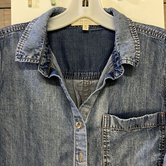 Side Stitch Dark Wash Long Sleeve Lyocell Botton Down Shirt- XSP - Picture 7 of 16